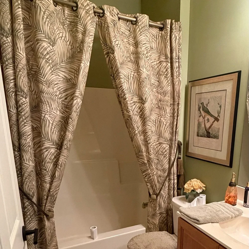 Custom Made Palm Leaf Grommet Curtain Panels – Neutral Green & Beige